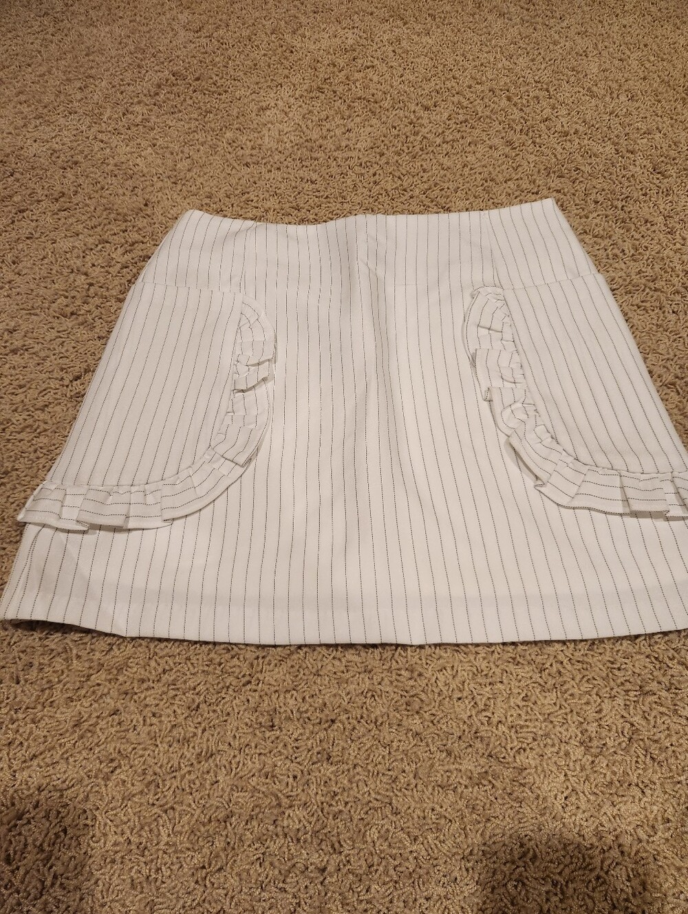 Women’s White Pinstripe Mini Skirt with Pocket Ruffle Detail, Size Medium